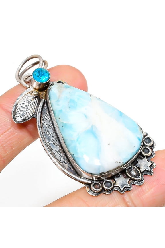 Natural Republic Larimar,Blue Topaz Stone 925 Sterling Silver Pendant 2.36"