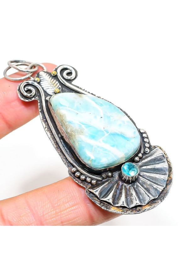 Natural Republic Larimar,Blue Topaz Stone 925 Sterling Silver Pendant 3.15"