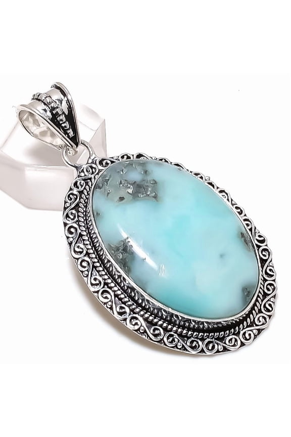 Natural Republic Larimar Gemstone 925 Sterling Silver Jewelry Pendant 2.44"