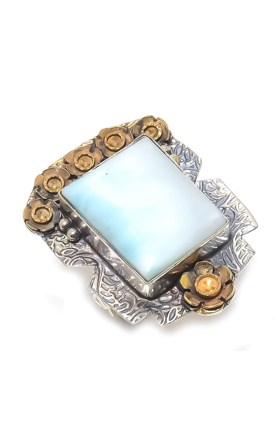 Natural Republic Larimar Gemstone 925 Sterling Silver Two Tone Ring S.7.5