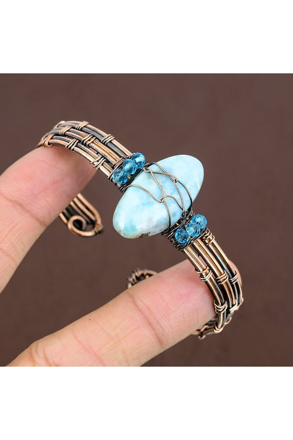 Natural Republic Larimar Gemstone Copper Wire Wrap Cuff Bangle Adjustable