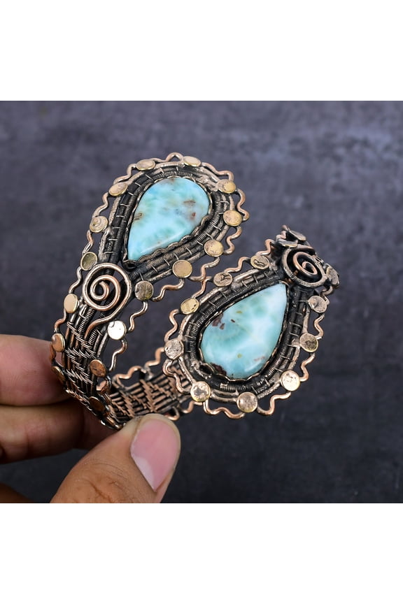 Natural Republic Larimar Gemstone Copper Wire Wrap Cuff Bangle Adjustable