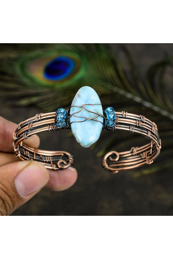 Natural Republic Larimar Gemstone Copper Wire Wrap Cuff Bangle Adjustable