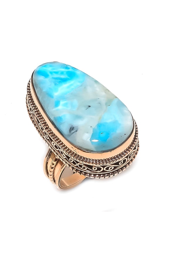 Natural Republic Larimar Gemstone Handmade Copper Jewelry Ring Size 8.5
