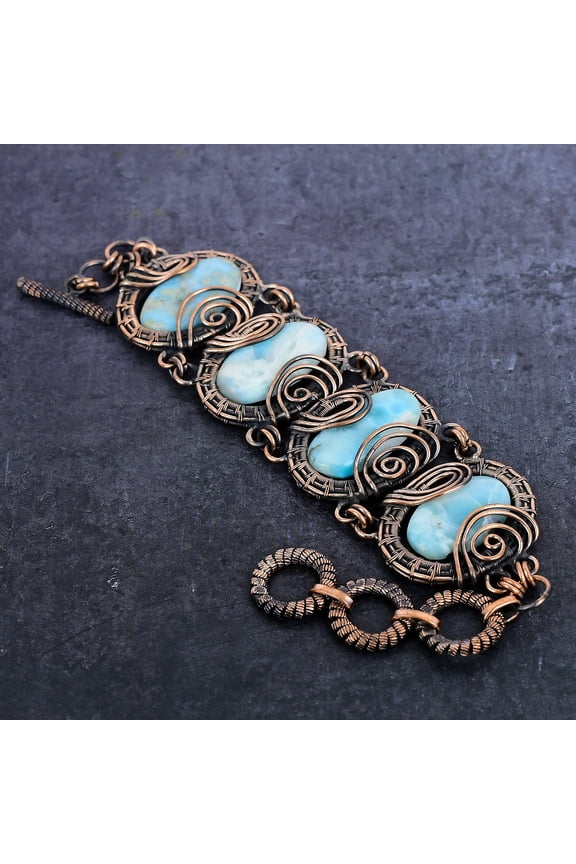Natural Republic Larimar Gemstone Handmade Copper Wire Wrap Bracelet 7-8"