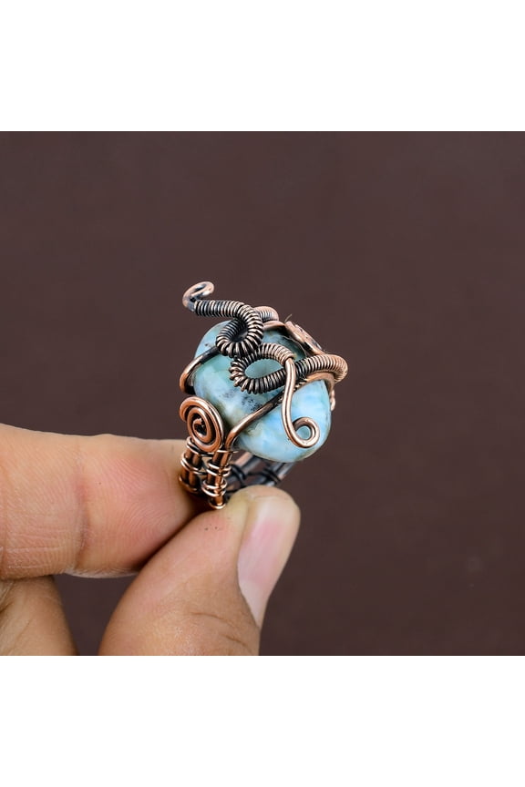 Natural Republic Larimar Gemstone Handmade Copper Wire Wrap Ring Size 7