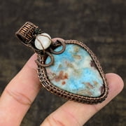 Natural Republic Larimar, Moonstone Gemstone Copper Wire Wrap Pendant 3.07"