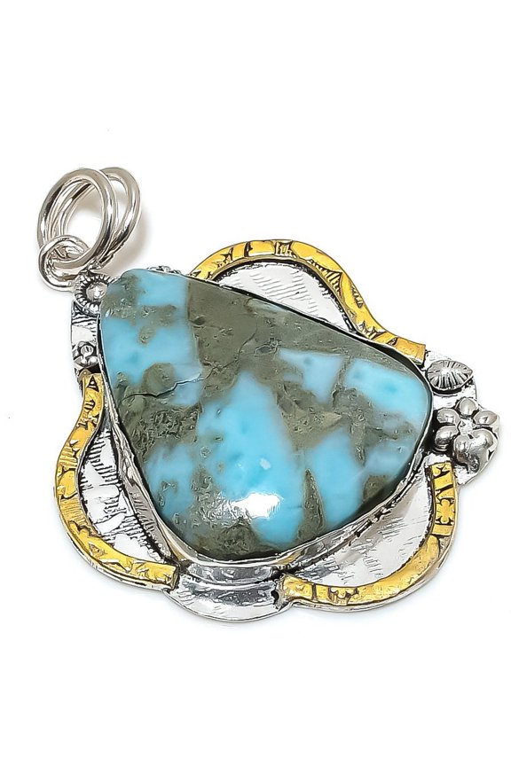 Natural Republic Larimar Stone 925 Sterling Silver Two Tone Pendant 2.40"