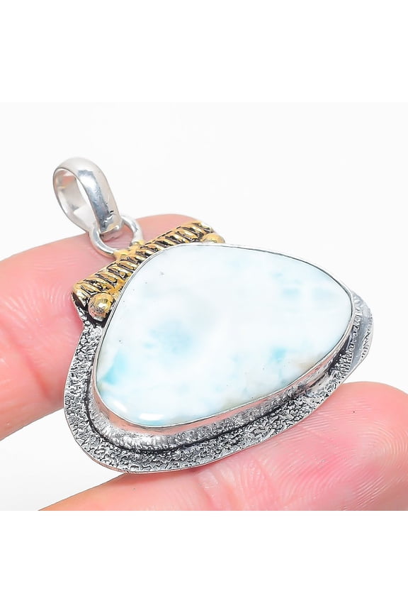 Natural Republic Larimar Stone Two Tone 925 Sterling Silver Pendant 1.58"