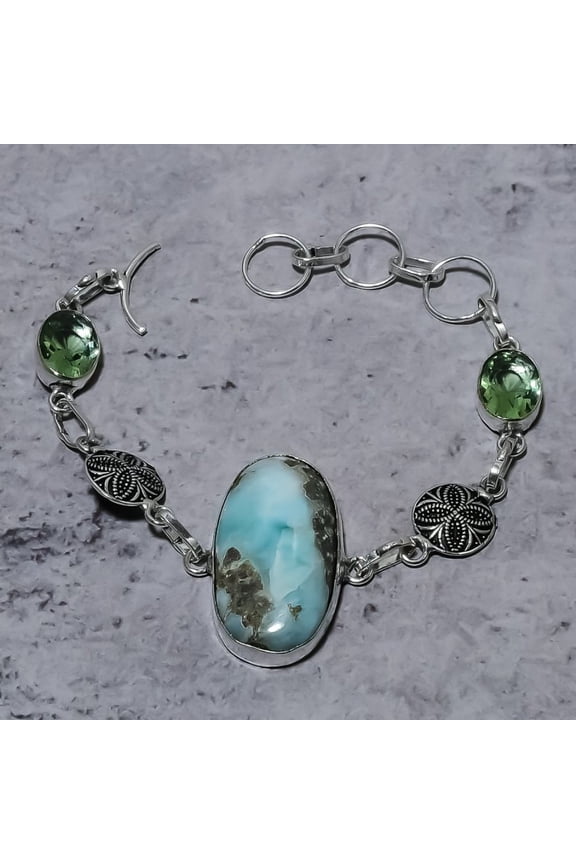 Natural Republic Larimar,Tsavorite Stone 925 Sterling Silver Bracelet 7-8"