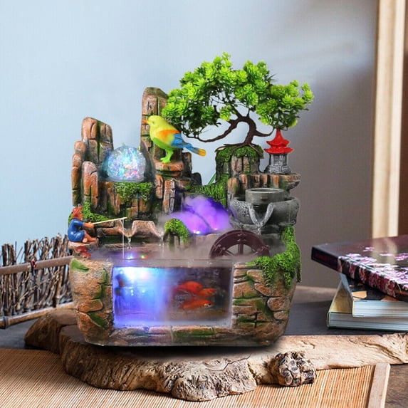 Natural Resin Tabletop Fountain, Home Decor Indoor Rockery Tabletop Water Fountain Waterfall Ornament with LED Light