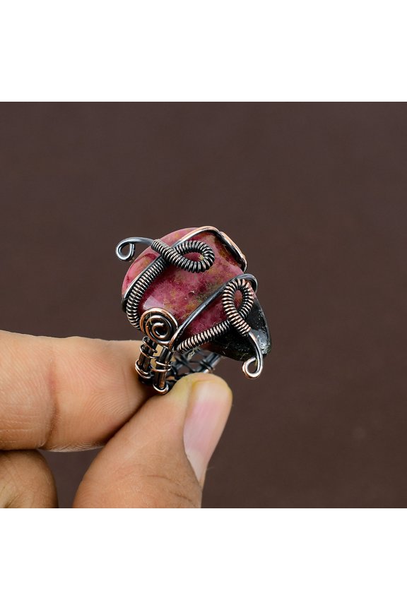 Natural Rhodochrosite Gemstone Handmade Copper Wire Wrap Ring Size 6