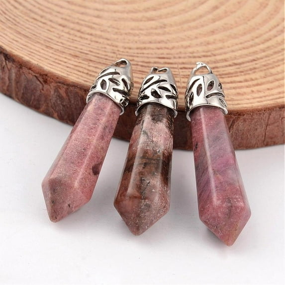 Natural Rhodochrosite Pointed Pendants with Platinum Tone Alloy Findings 33~40x8~10mm Hole: 3x2mm