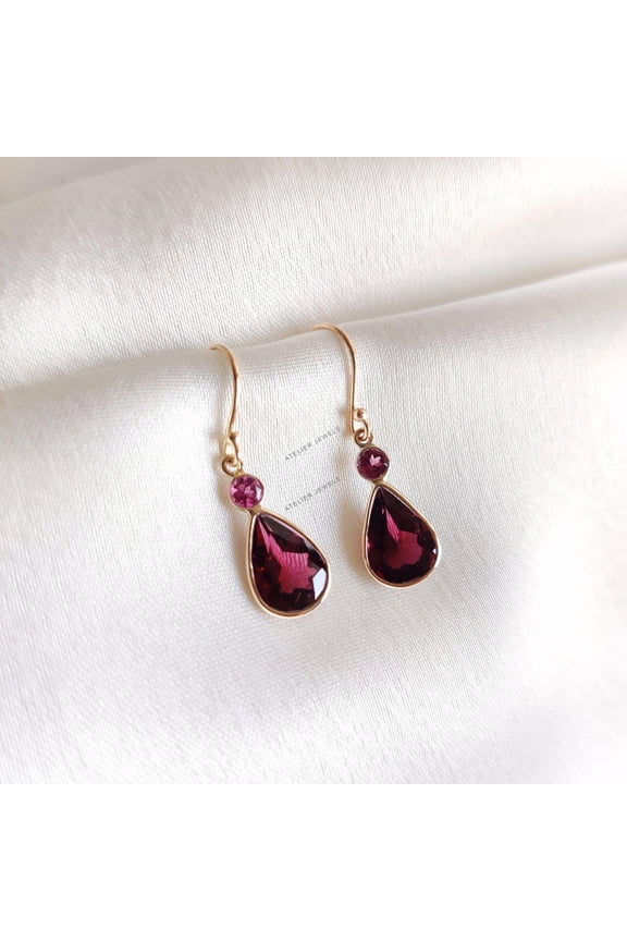 Natural Rhodolite Garnet Earrings, 14K Solid Yellow Gold Earrings, January Birthstone, Rhodolite Garnet Jewelry, Dainty Garnet Earrings