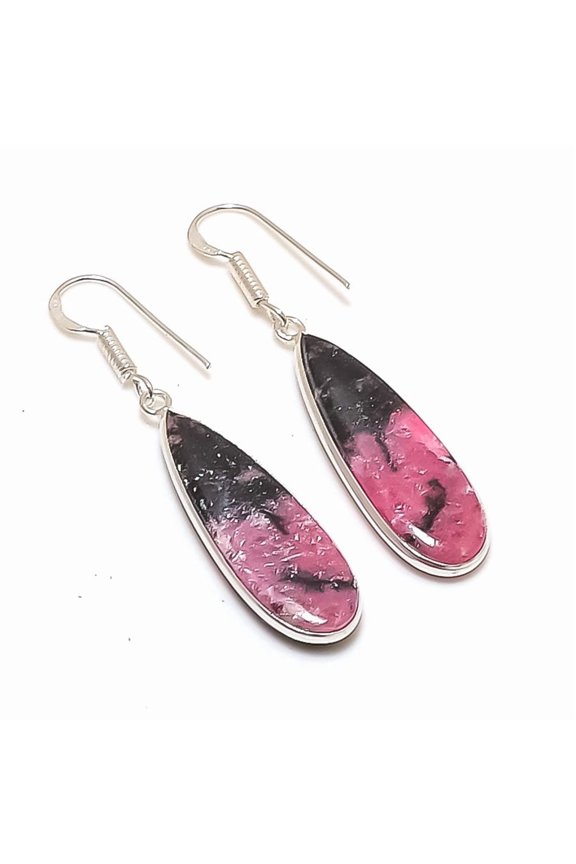 Natural Rhodonite Gemstone 925 Sterling Silver Jewelry Earring 1.97"