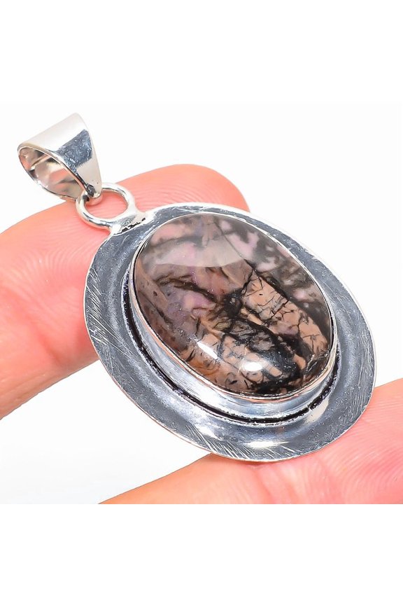Natural Rhodonite Gemstone Handmade 925 Sterling Silver Pendant 2.01"