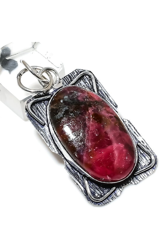 Natural Rhodonite Gemstone Handmade 925 Sterling Silver Pendant 2.05"