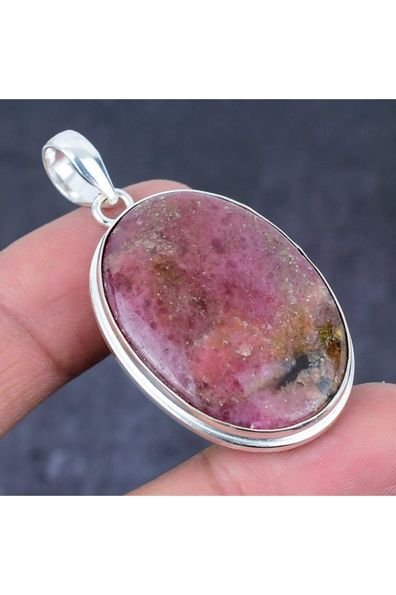 Natural Rhodonite Gemstone Handmade 925 Sterling Silver Pendant 2.05"