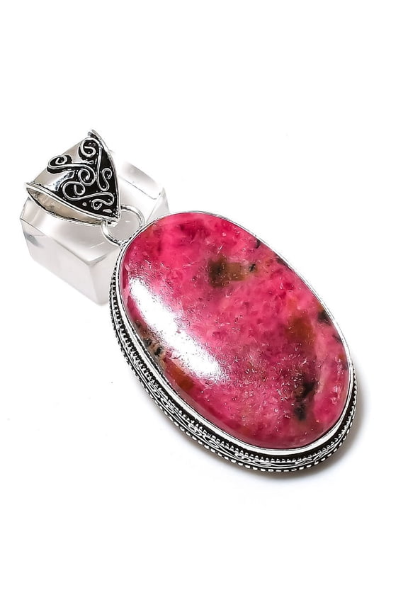 Natural Rhodonite Gemstone Handmade 925 Sterling Silver Pendant 2.40"