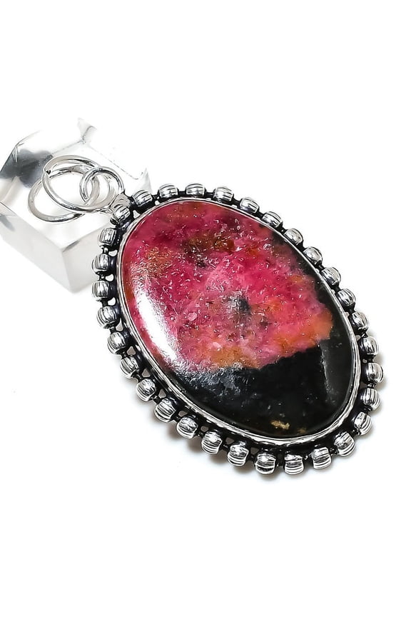 Natural Rhodonite Gemstone Handmade 925 Sterling Silver Pendant 2.56"