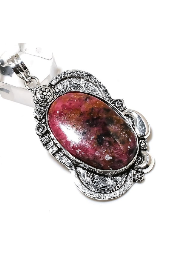 Natural Rhodonite Gemstone Handmade 925 Sterling Silver Pendant 2.56"