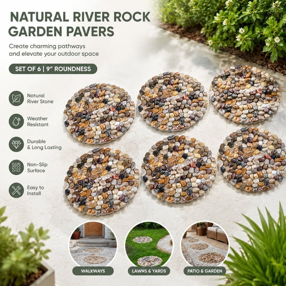 Natural River Rock Garden Pavers, Set of 6 Round Pebble Stones for Walkway, Lawn, Patio, Yard, Pathway & Landscaping Decor