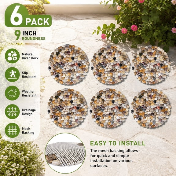 Natural River Rock Stepping Stones for Garden Walkway - Round Pebble Paver Mats with Mesh Backing - Outdoor Patio Path Lawn Landscaping Stones (6 Pack, 9 Inch)