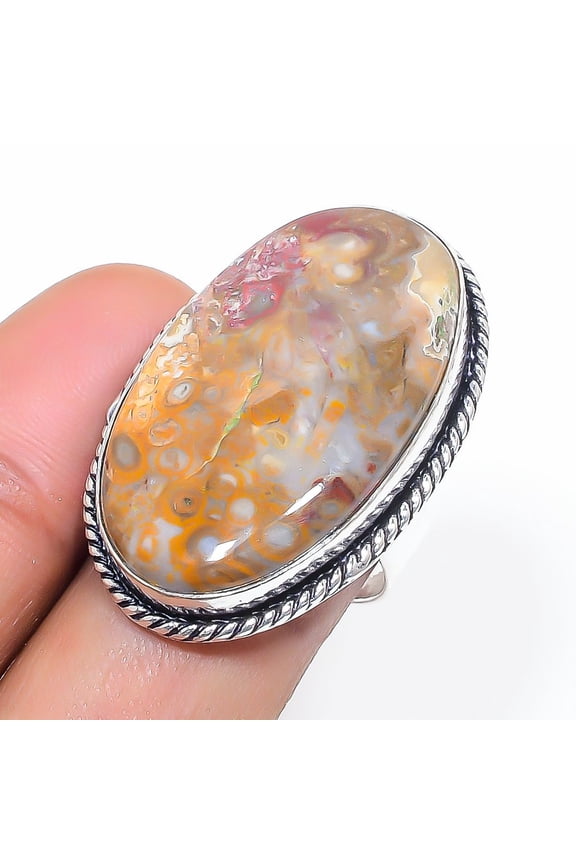 Natural Rock Fossil Gemstone 925 Sterling Silver Jewelry Ring Size 7