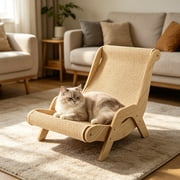 Natural Rope Cat Scratching Sofa Bed, Solid Wood Frame Holds All Cat Sizes, 2 in 1 Comfy Resting Chair and Scratcher for Living Room No Lint Cream Color