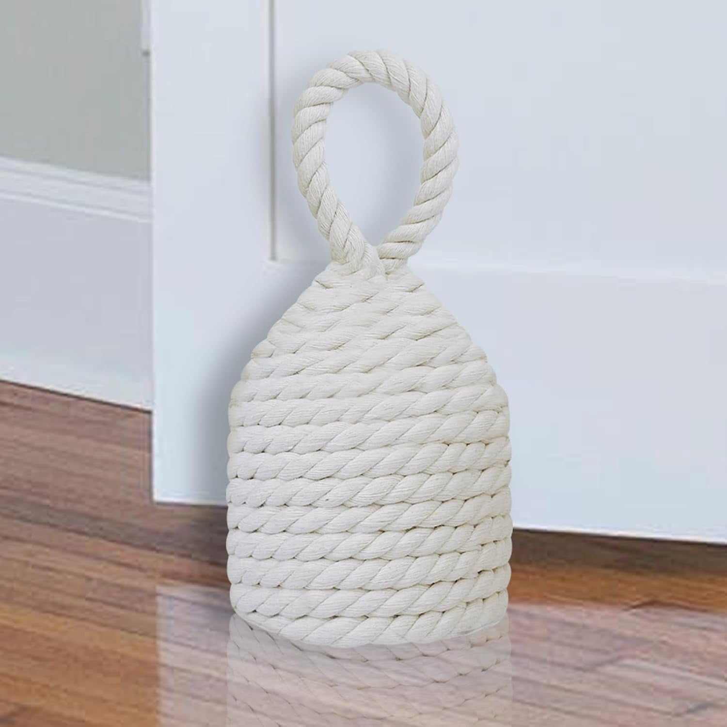 Natural Rope Door Stopper with Handle, Cotton Cute Decorative Door Stop, Heavy Indoor Doorstop, Blocker Keeps Door Open, Window Wedge, Bookend 5.6 inch (4.4lbs, Ivory Cone)