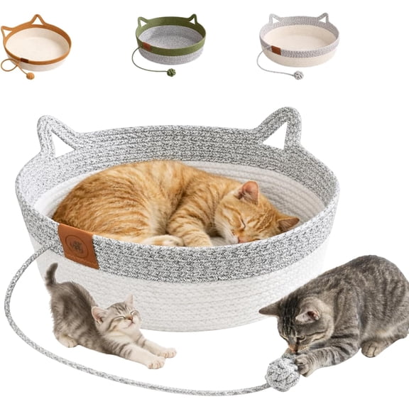 Natural Rope Handwoven Cat Basket with Hanging Ball Toy Breathable Natural Cat Nest for Indoor Kittens & Large Cats, Portable Travel Bed with Interactive Toy(S)