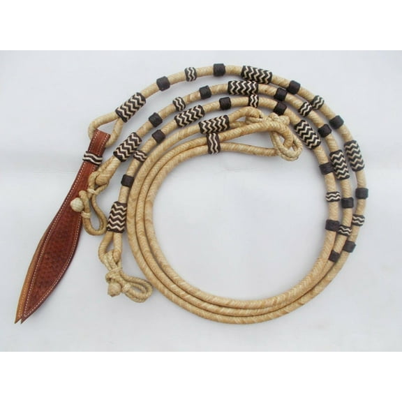 Natural Rope Romal Reins with Brown Knots 8.5 Ft Hand-Braided Rawhide Leather Horse Tack, 52" Romel