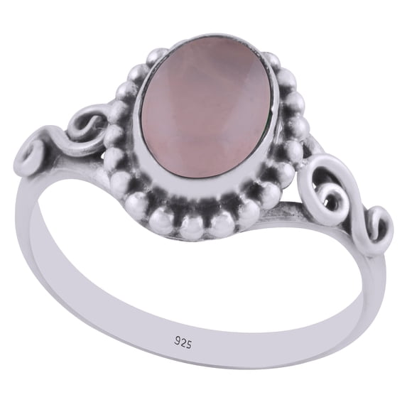 Natural Rose Quartz 6x8mm Cabochon Oval Shape Gemstone Surrounded by Alluring Coiling,Twisted Wire & Rawa Work Handmade 925 Sterling Solid Silver Ring For Women