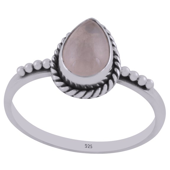 Natural Rose Quartz 6x9mm Cabochon Pear Shape Gemstone Surrounded by Beautiful Twisted Wire & Rawa Work Handmade 925 Sterling Solid Silver Ring For Women