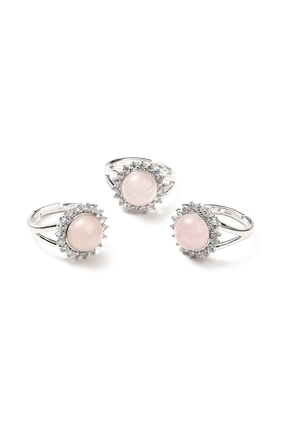 Natural Rose Quartz Adjustable Rings Platinum Tone Flower Brass Rhinestone Rings for Women Cadmium Free Lead Free US Size 8(18.1mm) 2.5-8mm