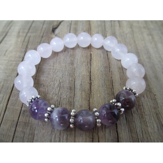 Natural Rose Quartz & Amethyst 8mm Round Shape Smooth Cut Beads Stretchable Bracelet for Men & Women.