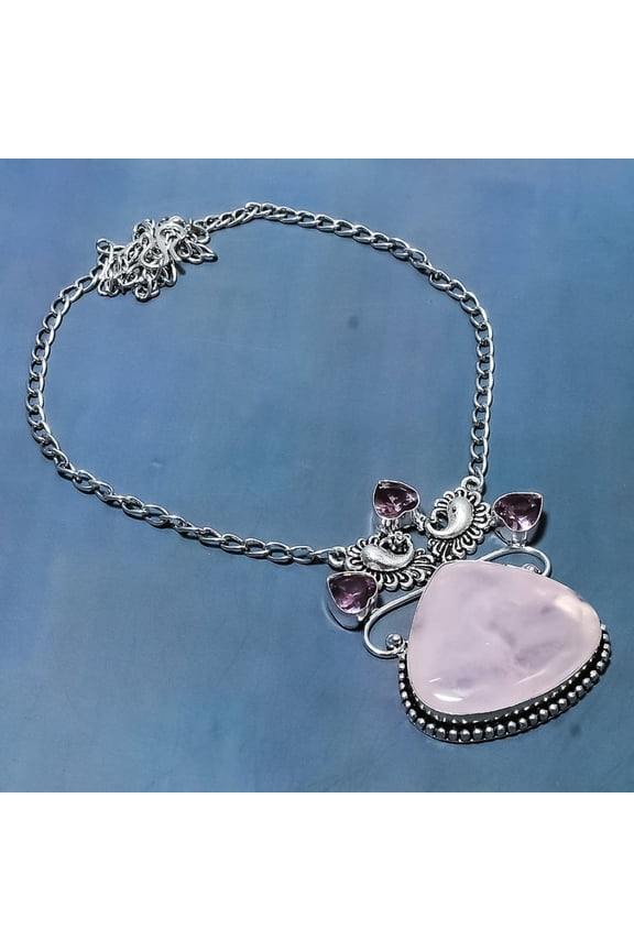 Natural Rose Quartz, Amethyst Gemstone 925 Sterling Silver Necklace 18"