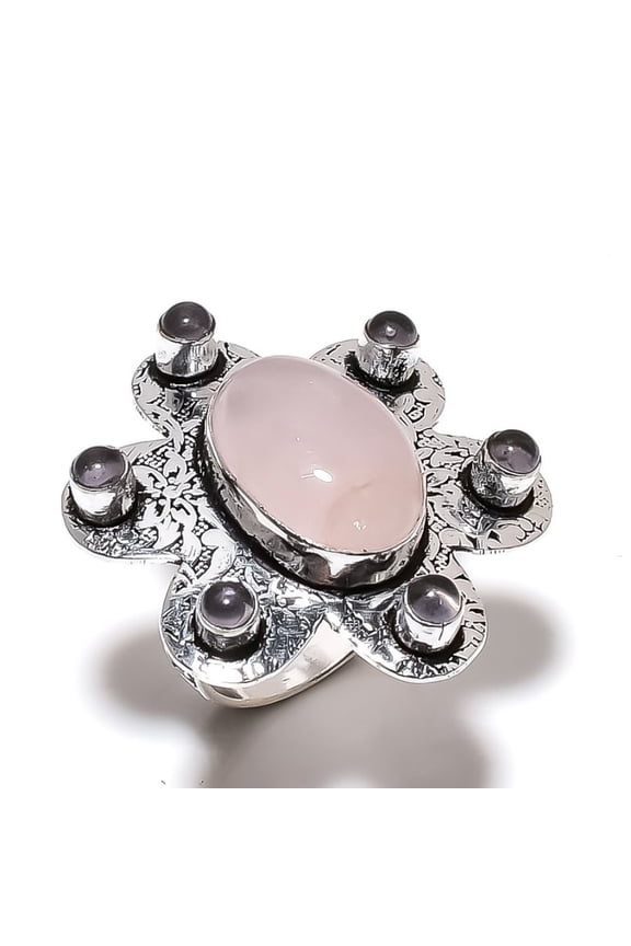 Natural Rose Quartz, Amethyst Gemstone 925 Sterling Silver Ring Size 6