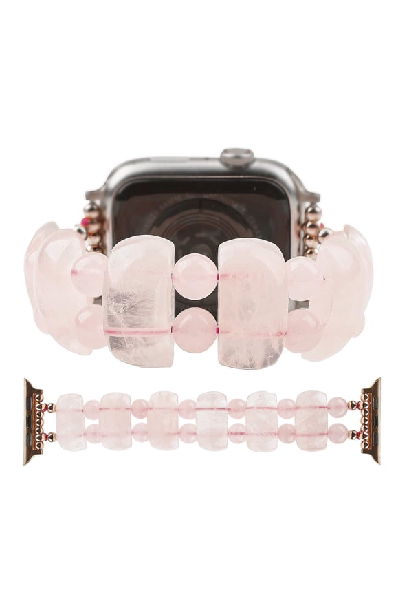 Natural Rose Quartz Beaded Bracelet Compatible with Apple Watch Band 42mm/44mm/45mm/49mm Series 10 9 8 7 SE Women, Fashion Elegant Handmade Elastic Stretch Strap for iWatch Bands Replacement