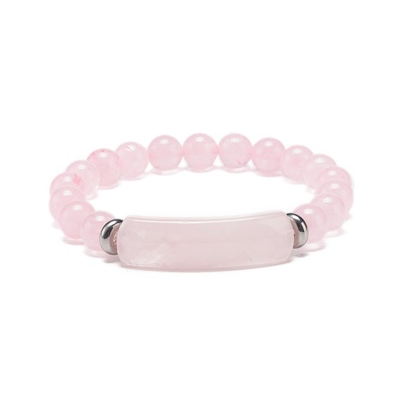 Natural Rose Quartz Beaded Stretch Bracelet Gemstone Jewelry for Women Rectangle Bar Charm Bracelets Inner Diameter: 2-1/8 inch(5.3cm) DIY
