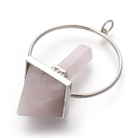 Natural Rose Quartz Big Pendants with Platinum Tone Brass Findings Pyramid 62~63x41x2mm Hole: 5mm