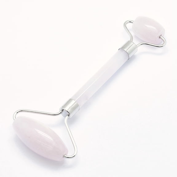 Natural Rose Quartz Brass Face Massager Facial Rollers Platinum 142~150x54~58x19~22mm