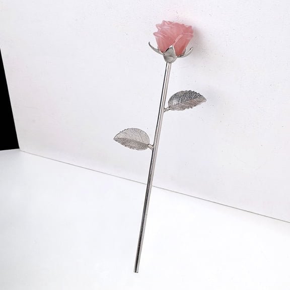 Natural Rose Quartz Carved Rose Ornaments Platinum Tone Brass Flower Branch for Women Girls Valentine's Day Gift 230mm