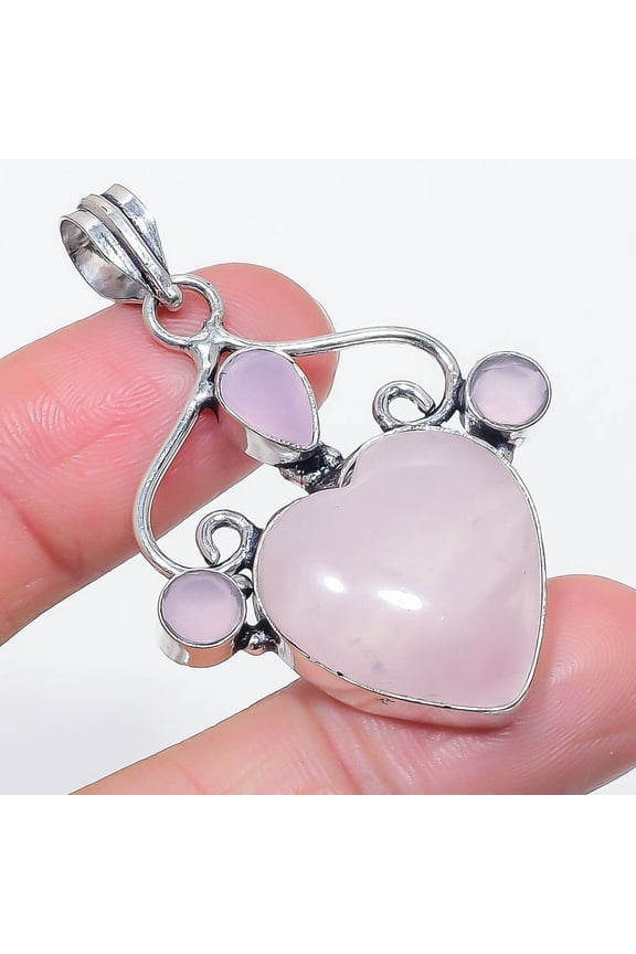 Natural Rose Quartz, Chalcedony 925 Sterling Silver Jewelry Pendant 2.09"