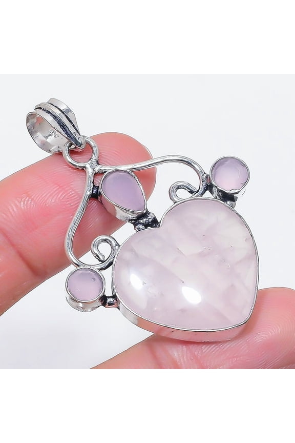 Natural Rose Quartz, Chalcedony 925 Sterling Silver Jewelry Pendant 2.17"