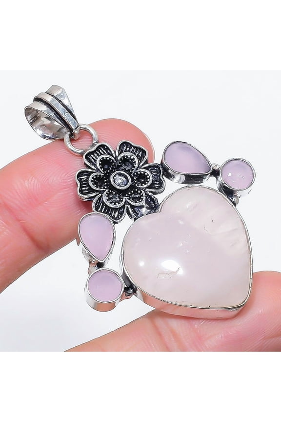 Natural Rose Quartz, Chalcedony 925 Sterling Silver Jewelry Pendant 2.17"