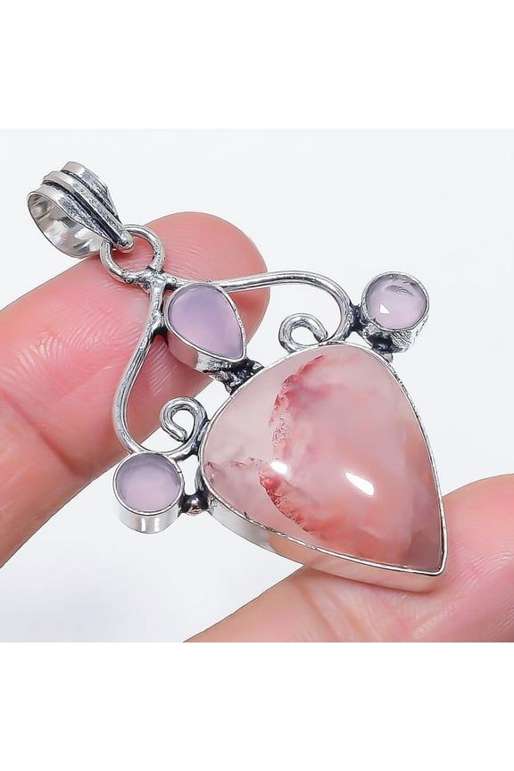 Natural Rose Quartz, Chalcedony 925 Sterling Silver Jewelry Pendant 2.25"