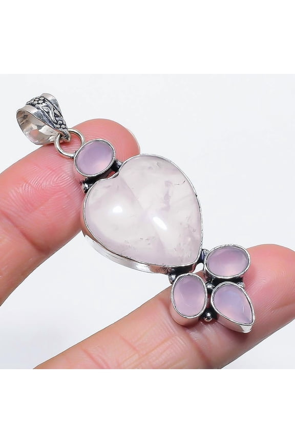 Natural Rose Quartz, Chalcedony 925 Sterling Silver Jewelry Pendant 2.40"
