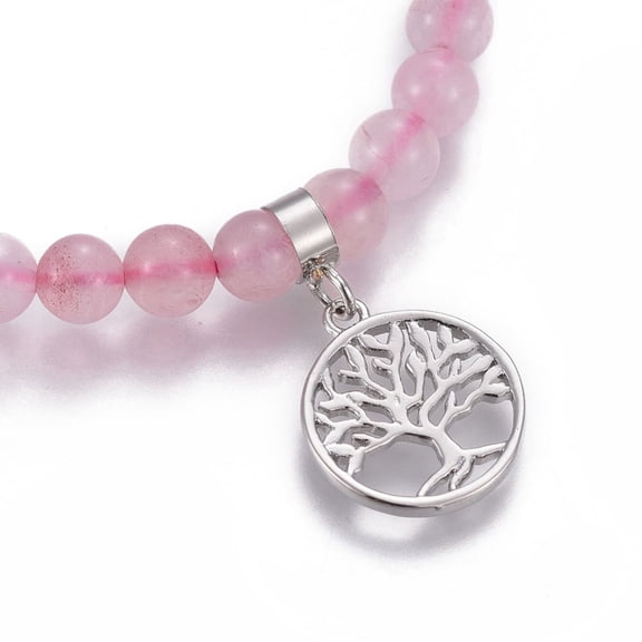 Natural Rose Quartz Charm Bracelets with Brass Findings Flat Round with Tree of Life 2-1/8 inch(5.5cm)~2-1/4 inch(5.6cm) beads: 6~6.5mm Pendant: 18x15~15.5x2mm