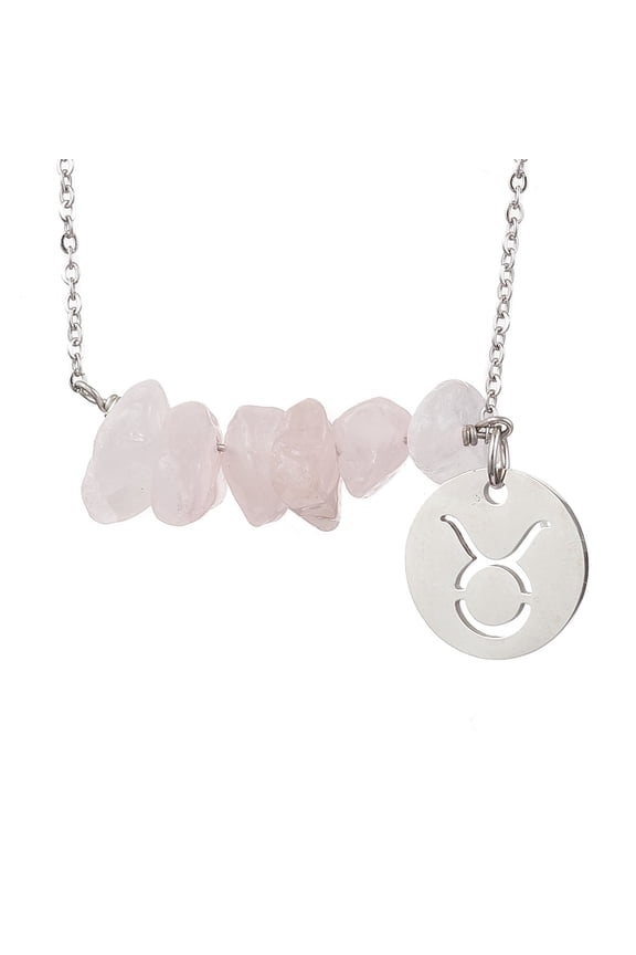 Natural Rose Quartz Chip & Constellation Pendant Necklaces 304 Stainless Steel Cable Chains Necklaces Stainless Steel color Taurus 16.93 inch(43cm)